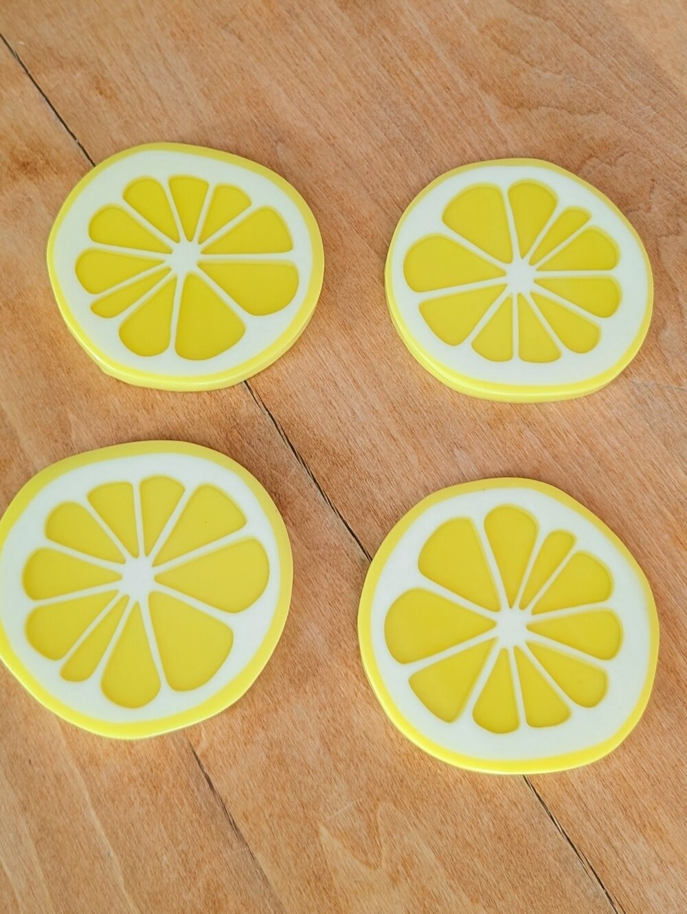 Vintage Sunny Yellow Groovy Lemon Slice Lucite Coasters, Set Of 4